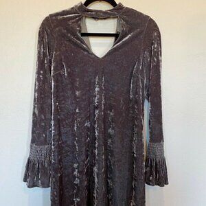 Aqua Gray Crushed Velvet Choker V-Neck Bishop Sleeve Dress Size S